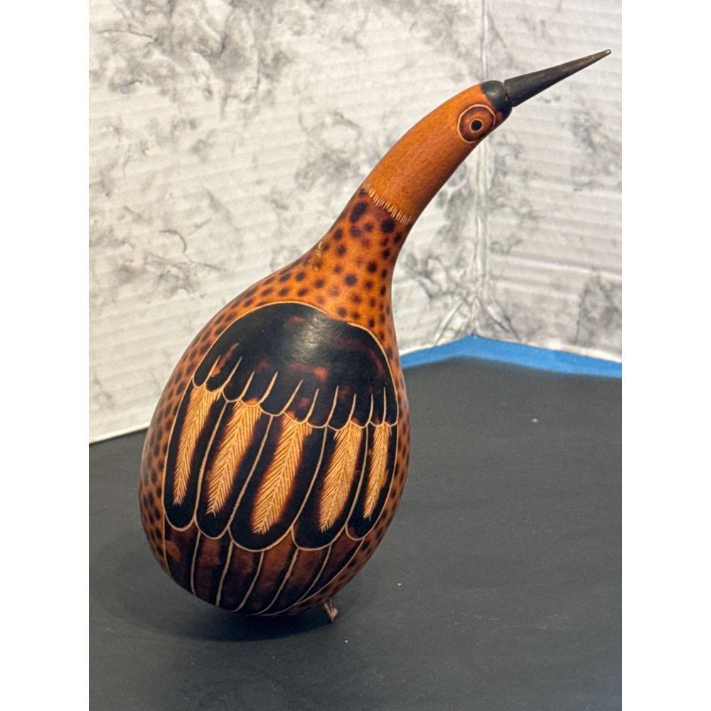 Hand Carved and Stained‎ Dried Gourd Kiwi Bird Vintage 7.5" Tall Folk Art
